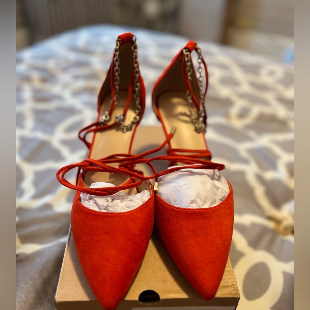Red Pointed Toe Heels with Ankle Strap - Picture 2 of 4
